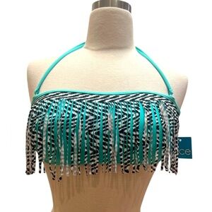 NWT- SINCE- Blue and Black Fringe Bikini Top with Halter Straps